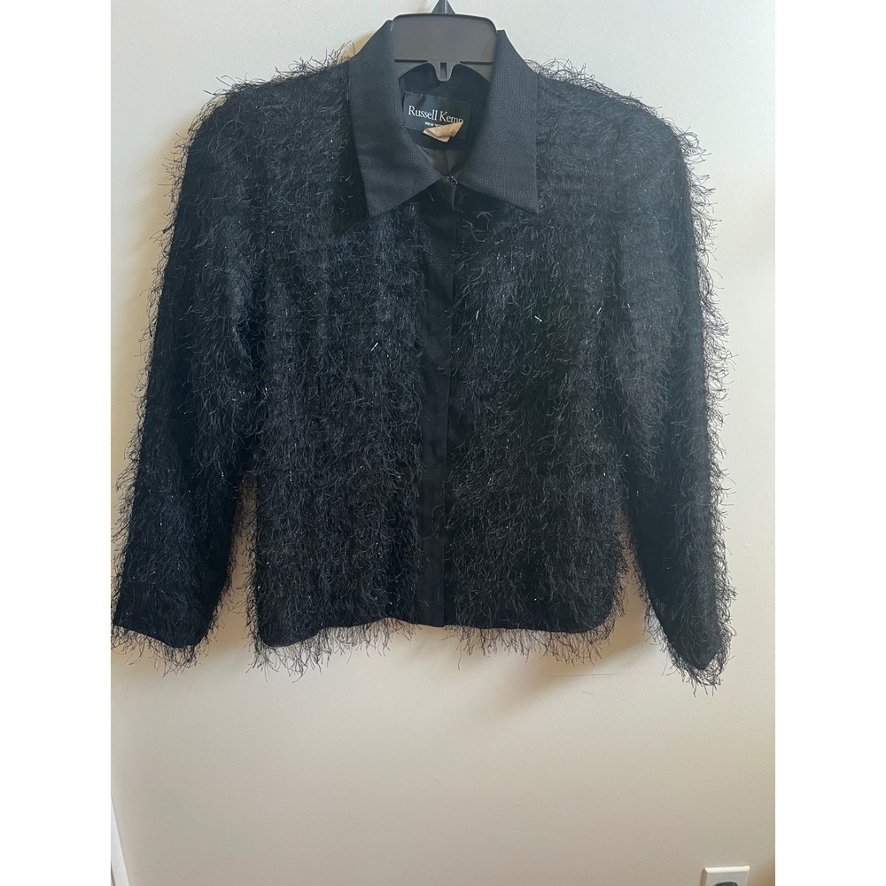 Vintage 90s Russell Kemp New York Black Fringe Textured Jacket Blazer Women 10